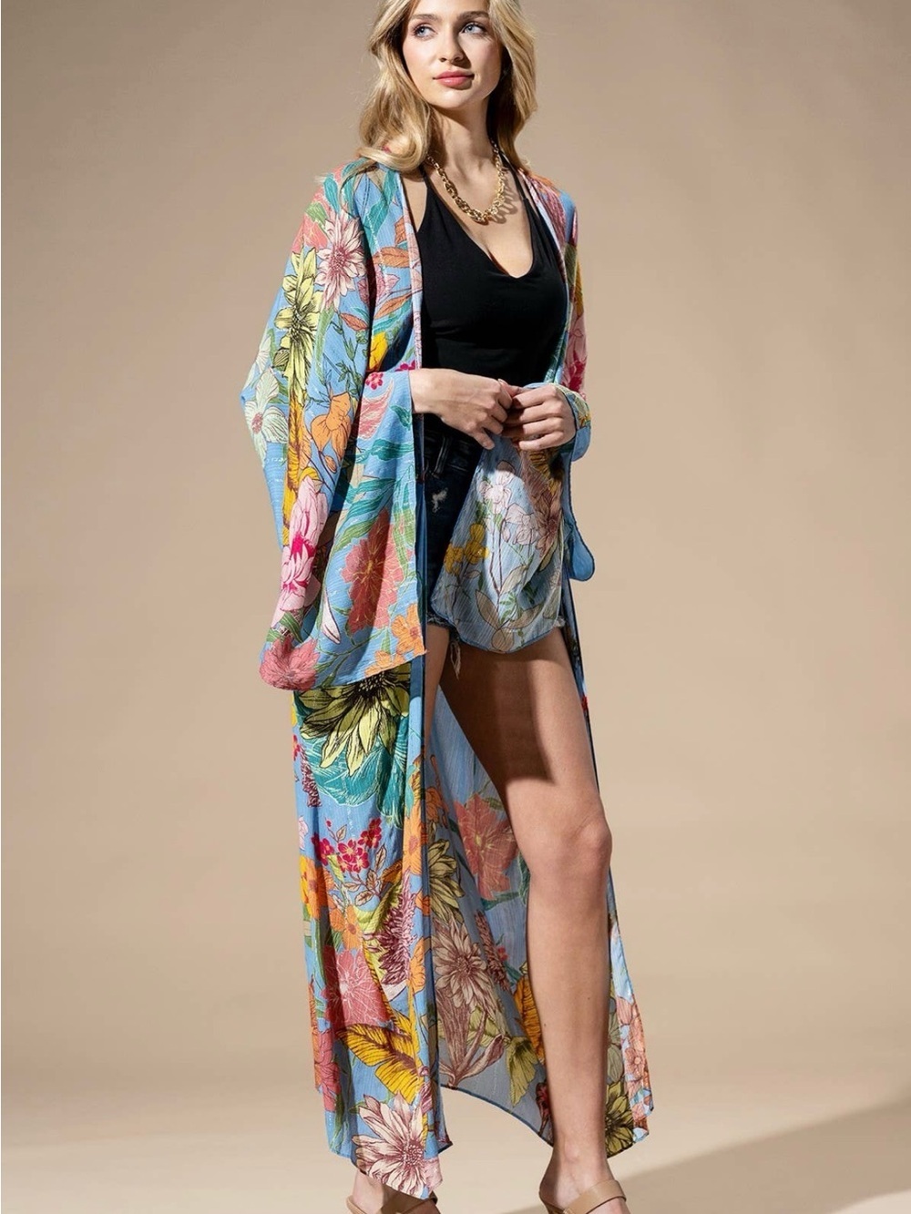 Marionette Floral Lurex Duster Kimono Coverup Boho Resort One Size